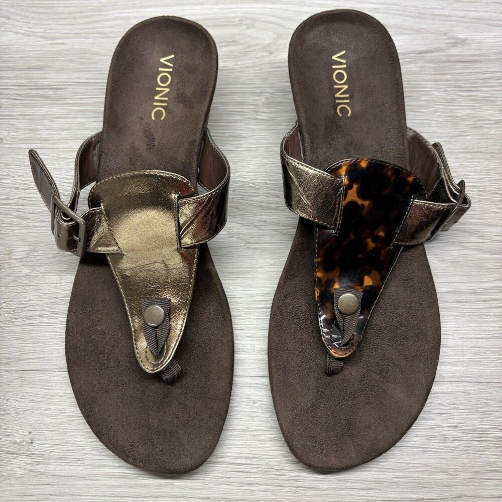 Vionic 380 Ginger Summer Thong Sandals 10 Bronce Metallic Tortoise Arch Support